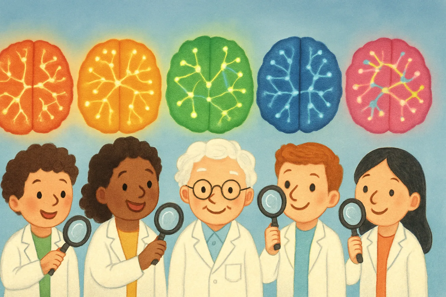 Five colorful cartoon brains glowing with different light patterns, surrounded by curious scientists with magnifying glasses
