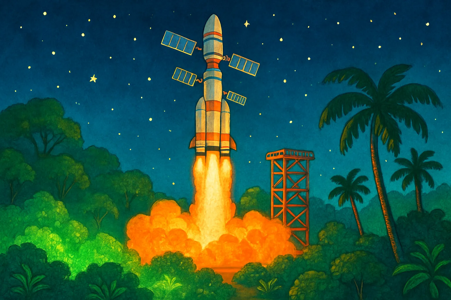 A rocket launches at night carrying two satellites above glowing green forests