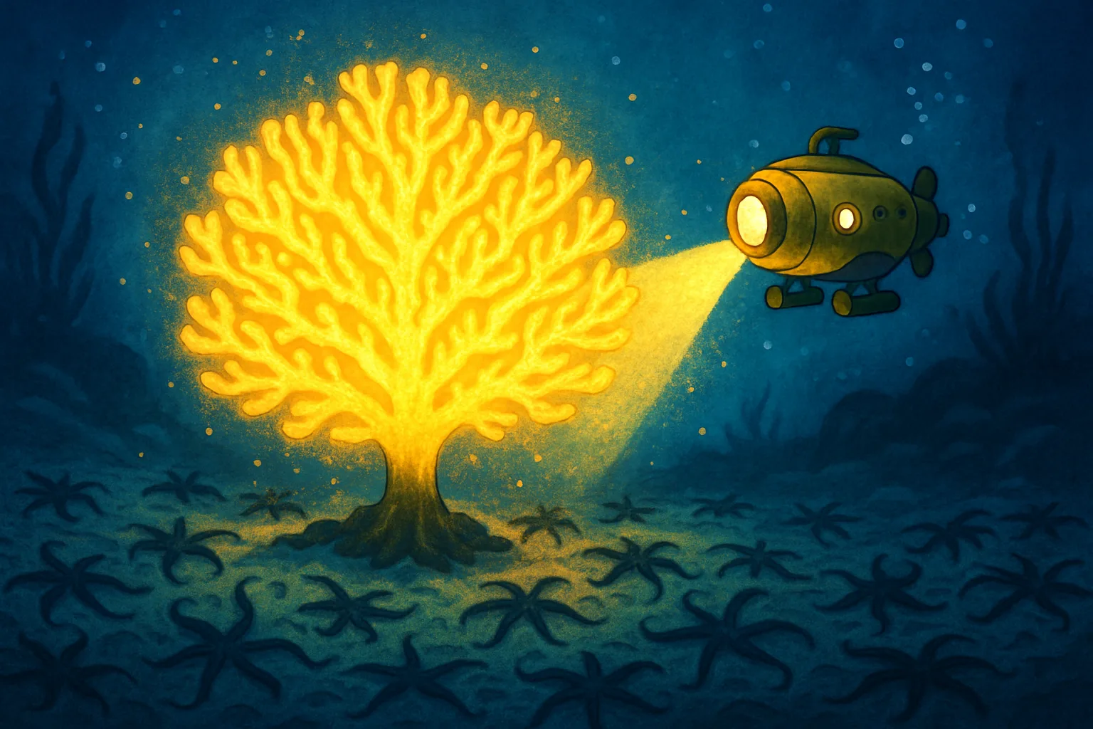 Glowing yellow tree-shaped coral on the deep Pacific seafloor off Costa Rica, surrounded by brittle stars