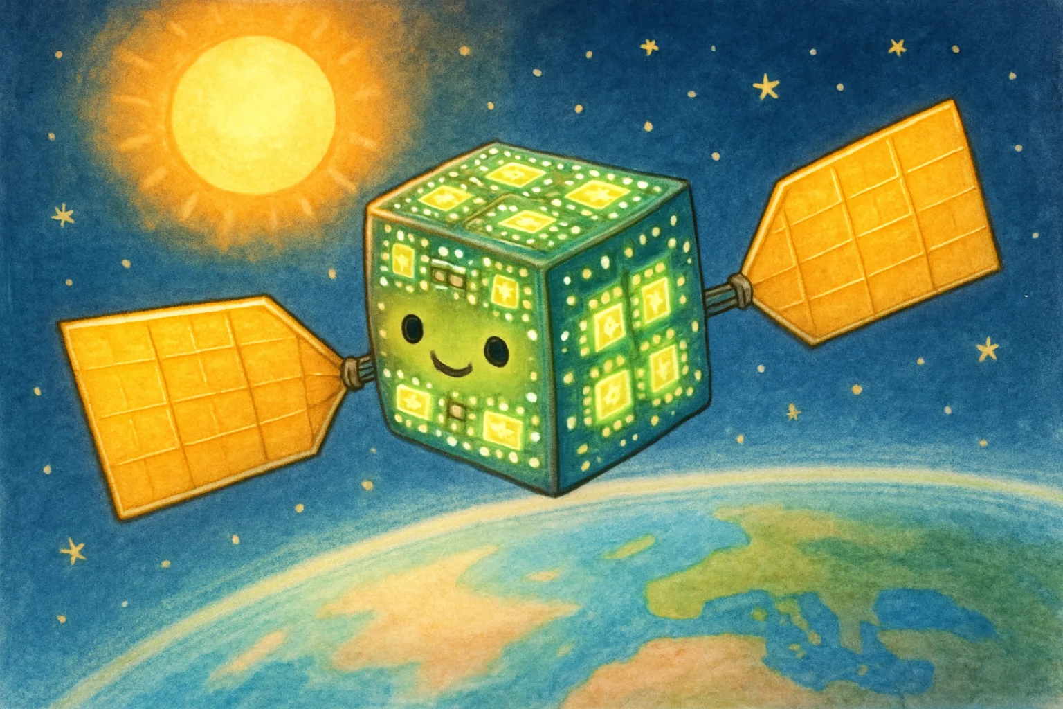 A small satellite with glowing AI chips and solar panels orbiting above a colorful Earth