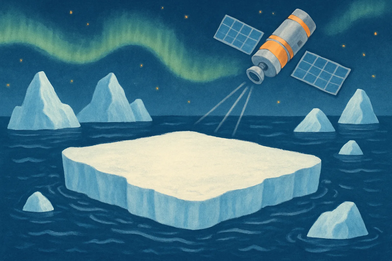 A large flat ice island floating in the Arctic Ocean with satellites tracking it from above