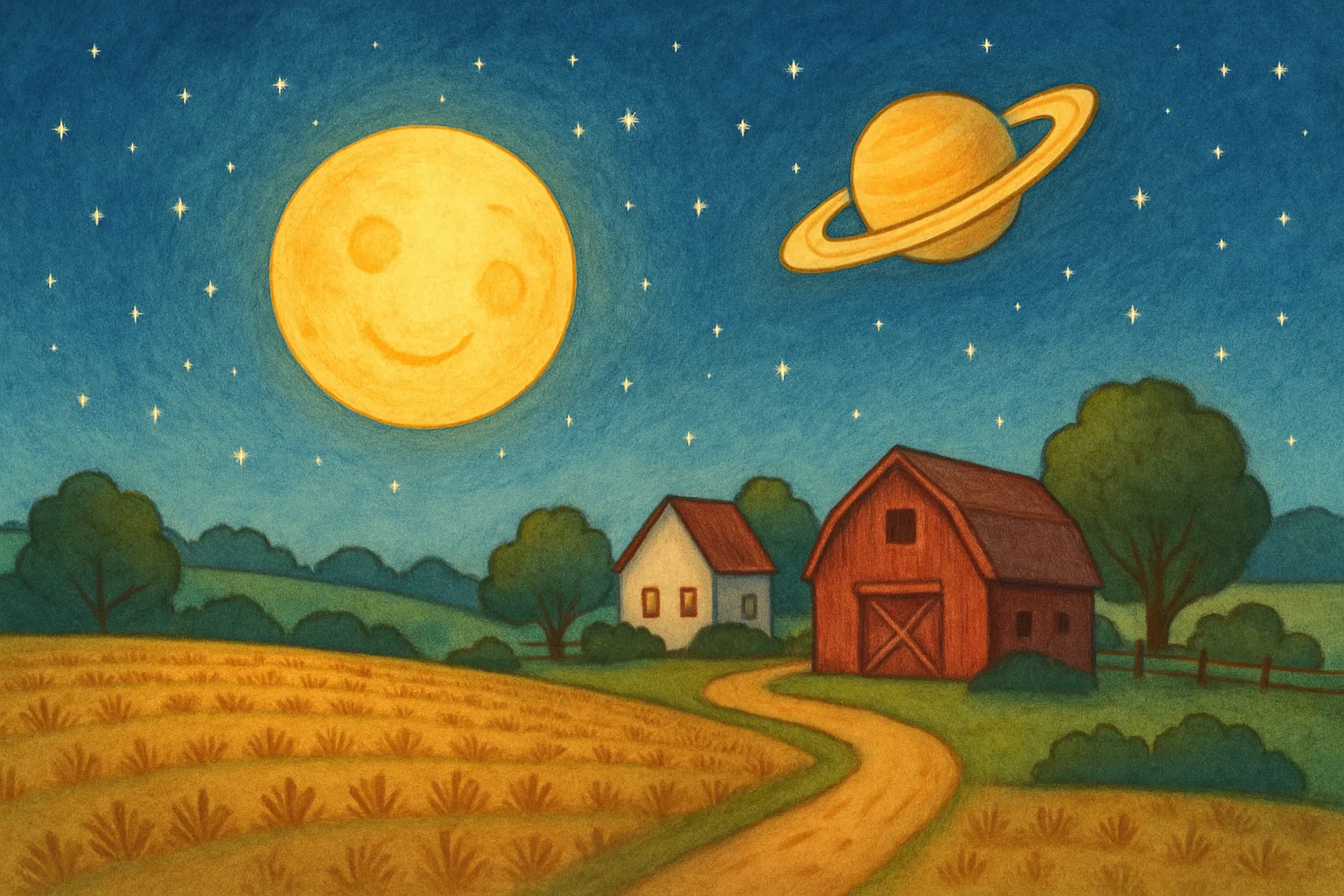 A large golden full moon rising next to the ringed planet Saturn in an evening sky over a farm field