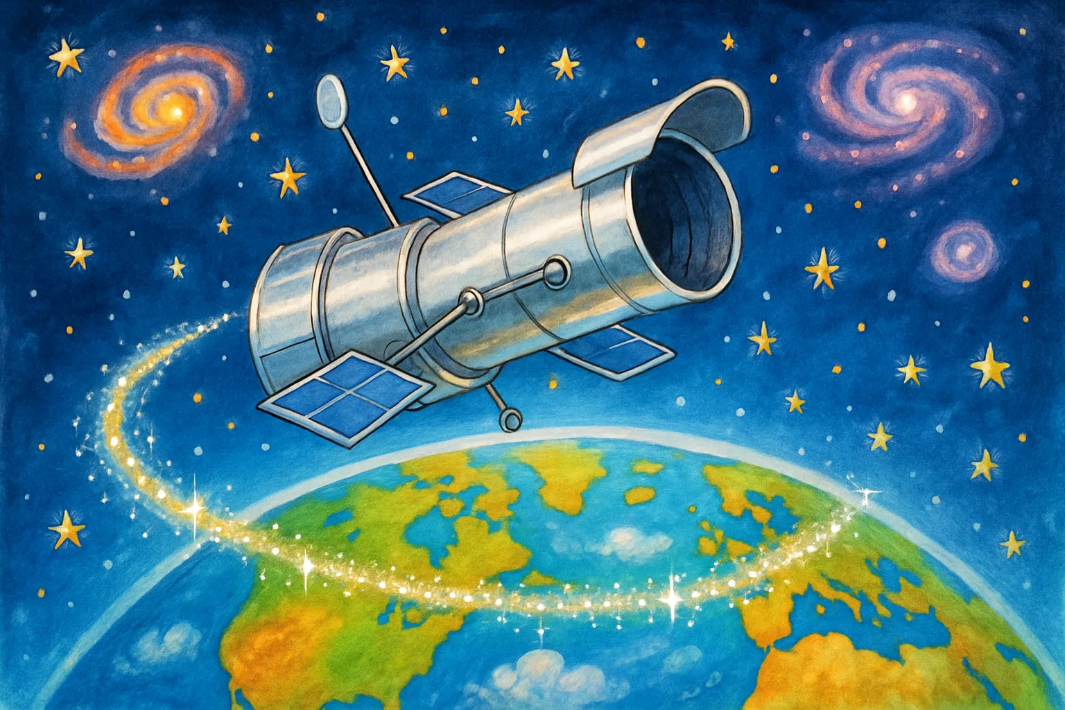 NASA's Hubble Space Telescope completing its 200,000th orbit above a colorful Earth with stars in the background