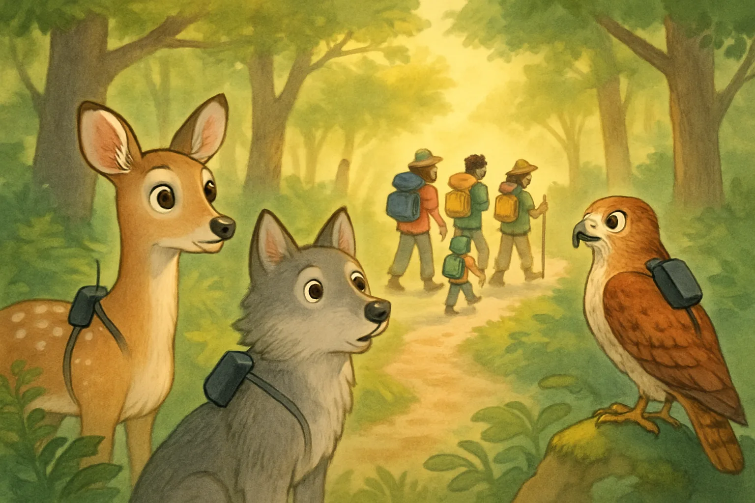 Illustrated deer, wolf, and hawk with GPS trackers watching hikers on a forest trail