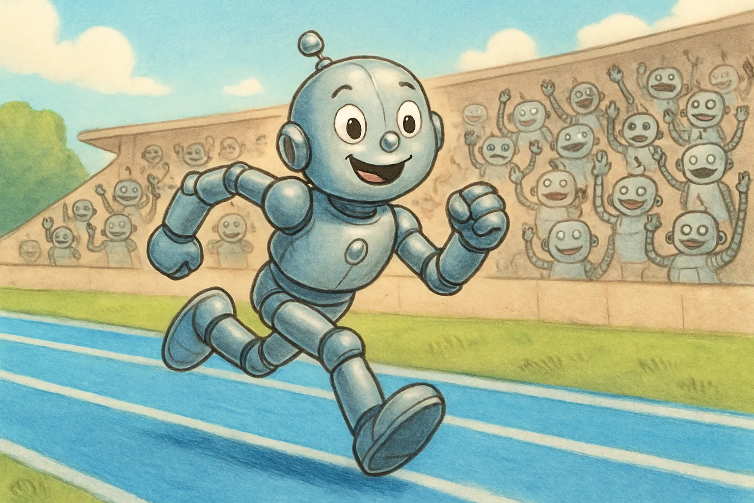 Illustration of a humanoid robot racing down a bright blue track at a futuristic robot sports stadium