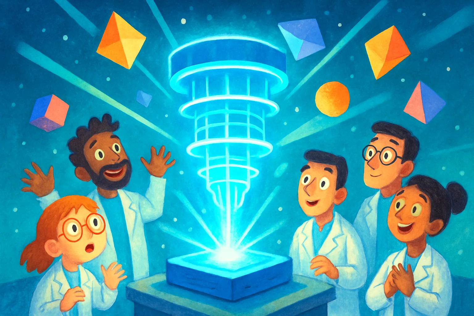 Illustration of a glowing blue quantum computer surrounded by floating light shapes with amazed scientists nearby