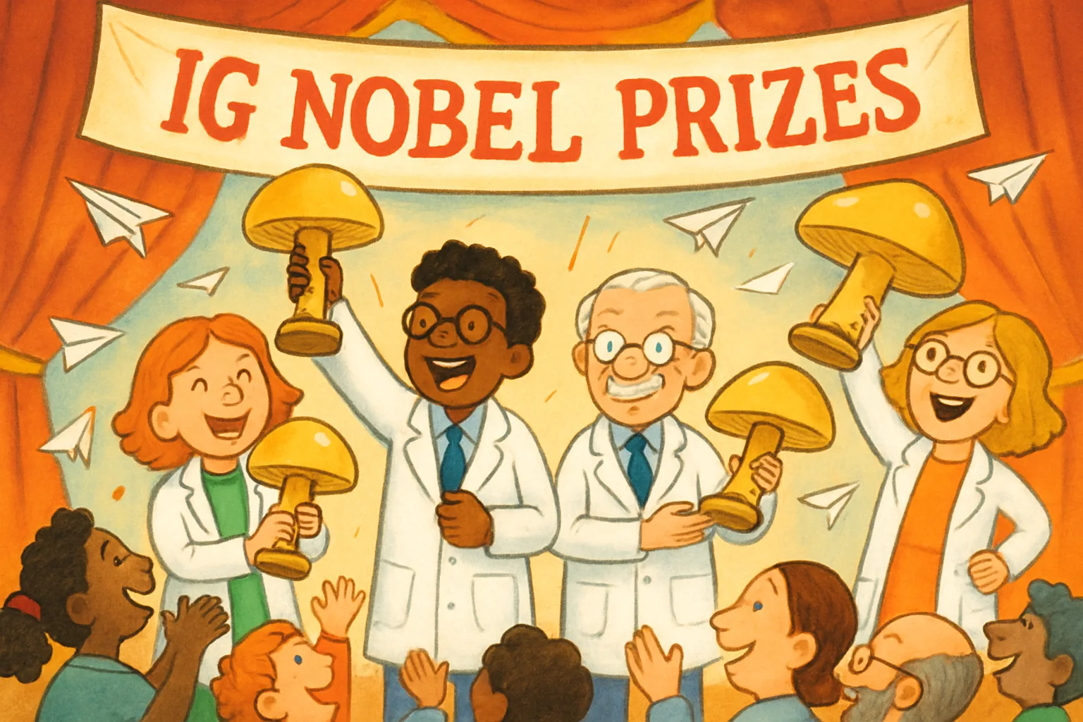 Scientists at a silly awards ceremony hold mushroom-shaped trophies while paper airplanes fly overhead