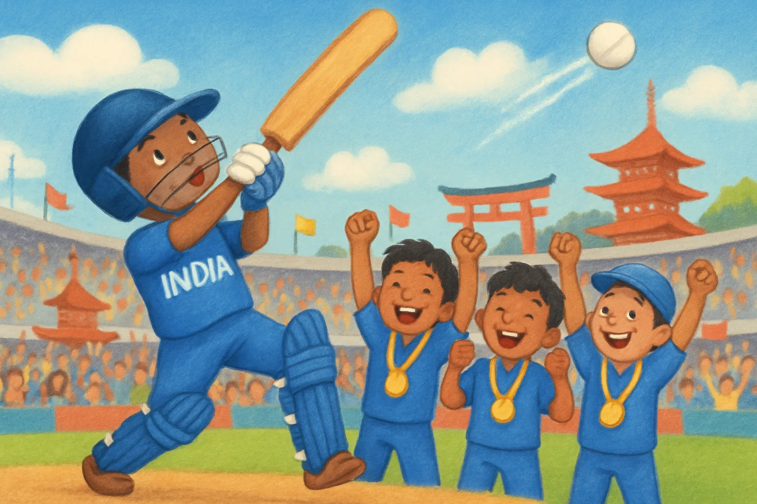Illustration of India's cricket team celebrating with gold medals after winning the Asian Games 2026 final