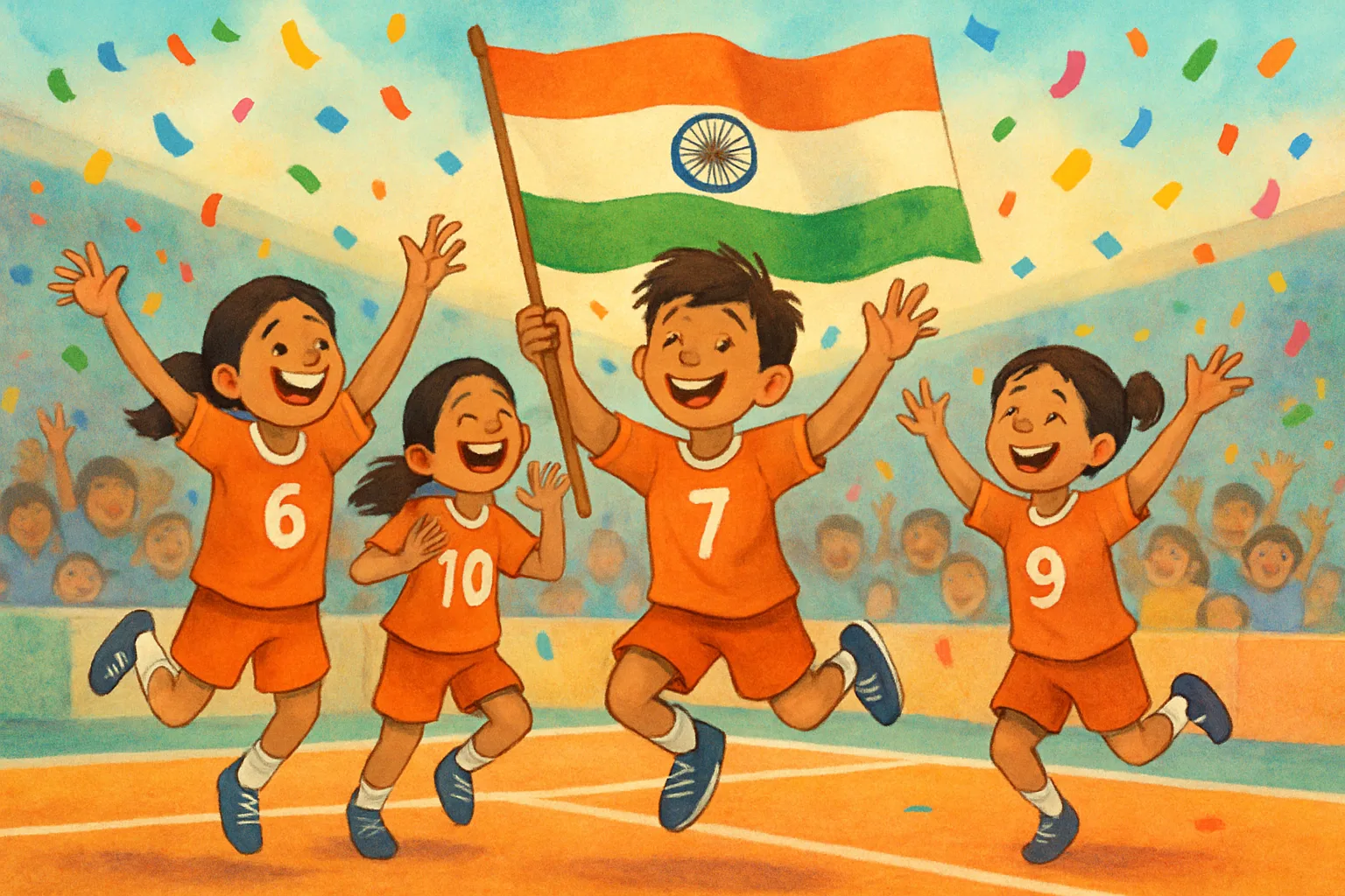 Indian kabaddi team celebrating a gold medal victory at the Asian Games with an Indian flag