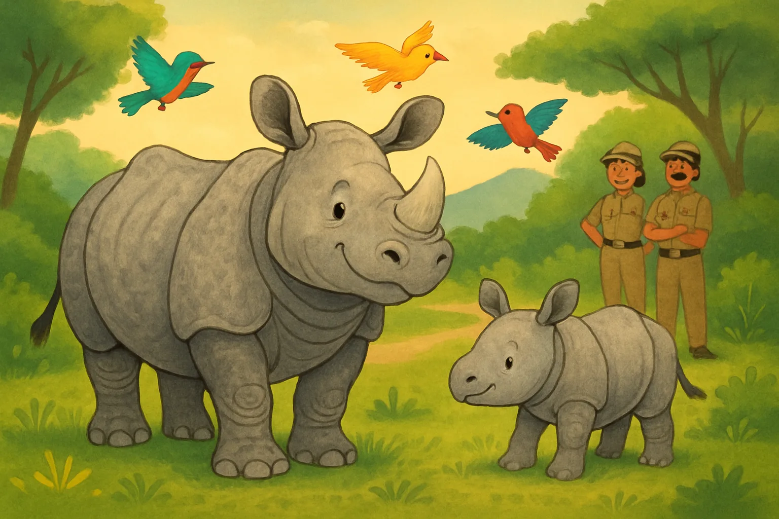 A greater one-horned rhino and calf in Kaziranga National Park surrounded by lush greenery