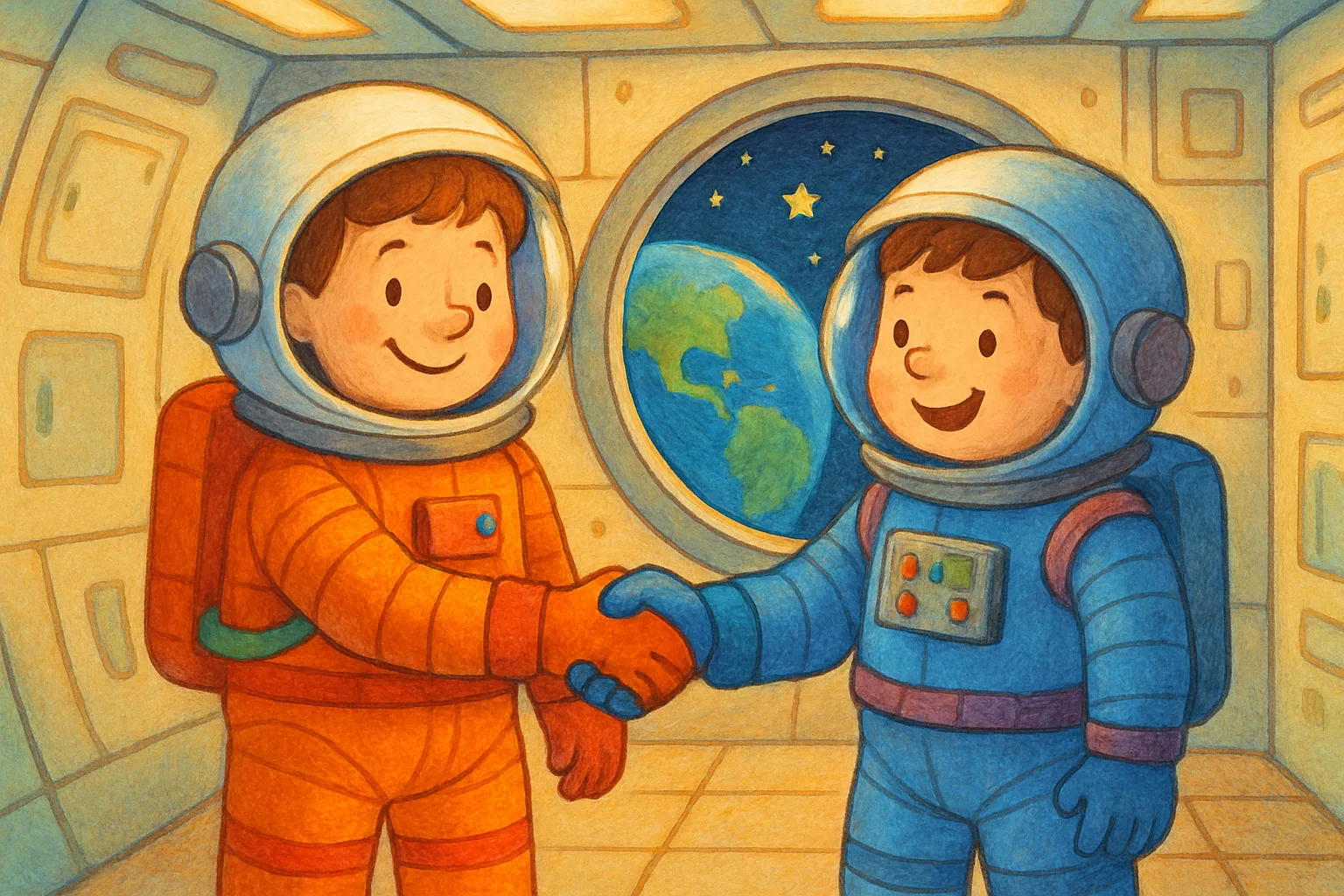 Two astronauts shaking hands inside the International Space Station with Earth visible through a porthole