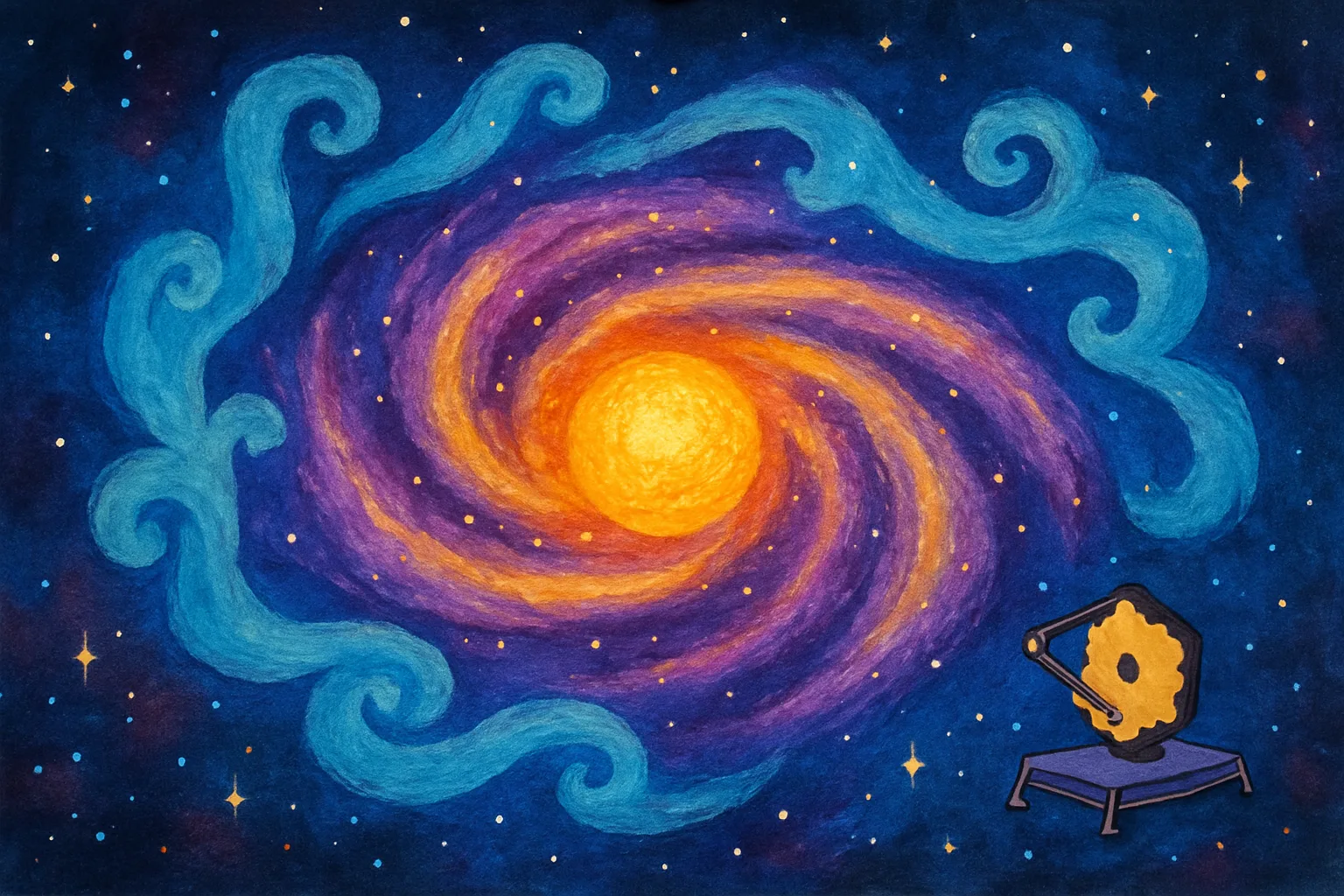 A swirling galaxy center glowing in gold and purple, with an aging orange star surrounded by blue wisps near a dark black hole