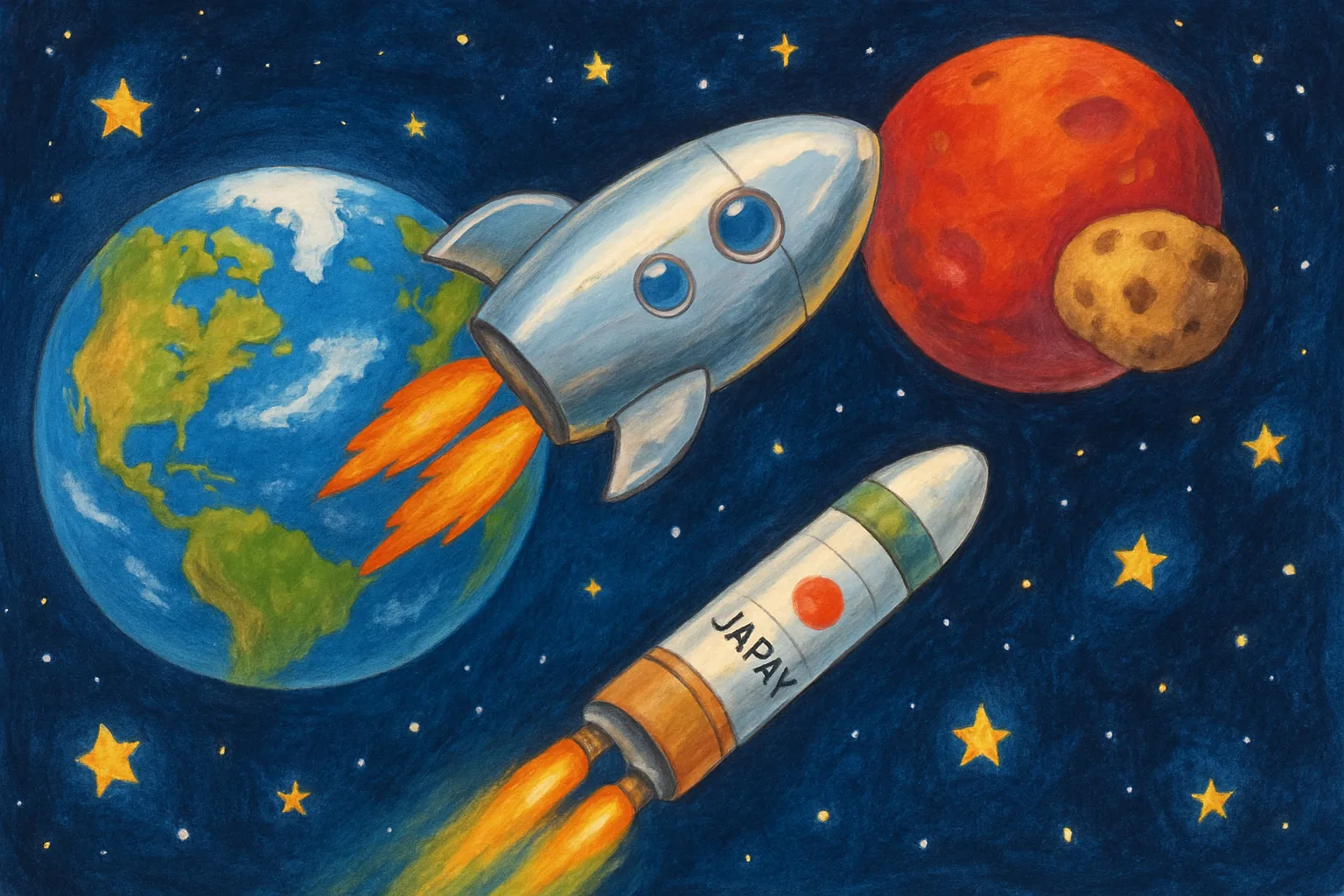 An illustrated spacecraft traveling toward the lumpy moon Phobos orbiting Mars
