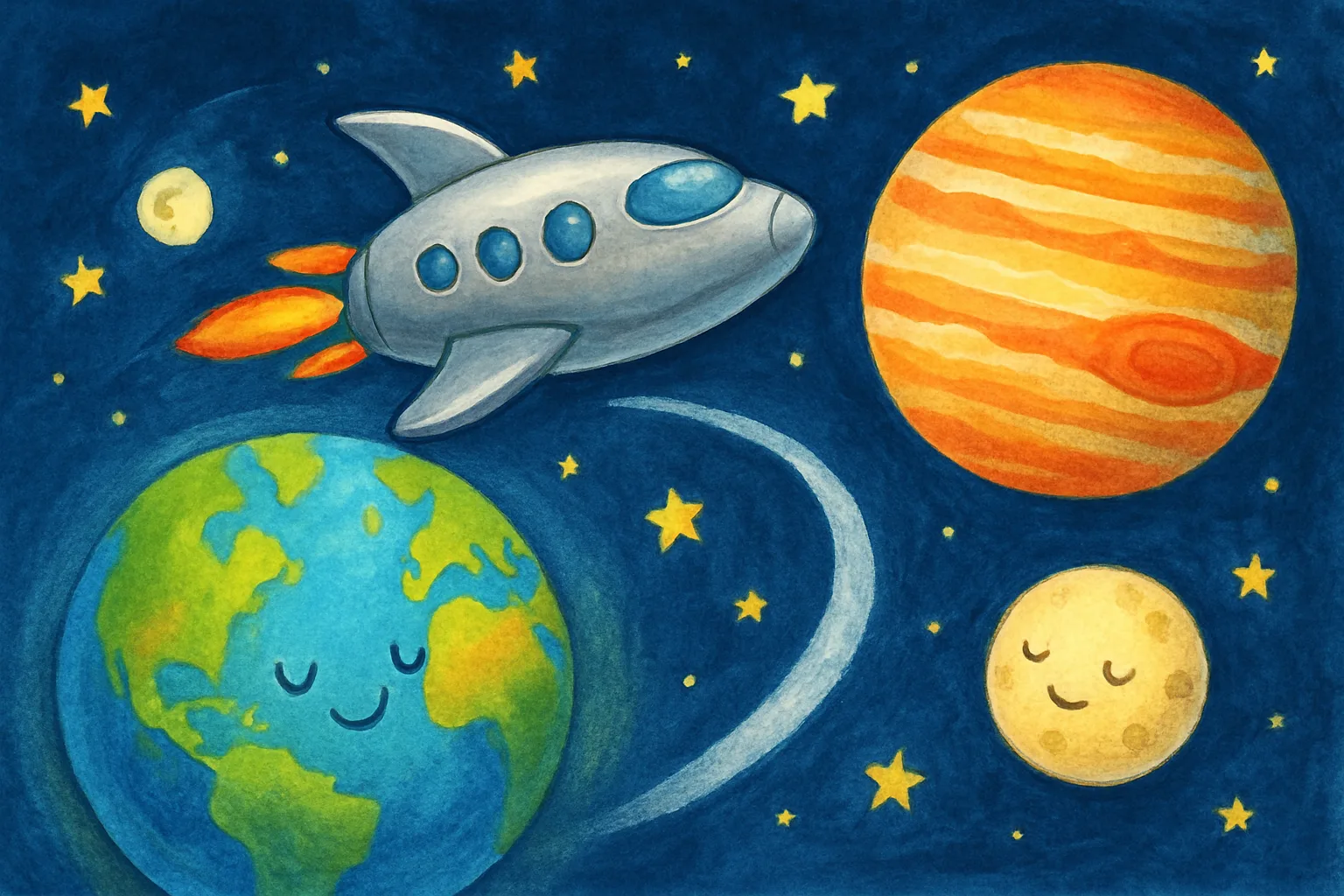 A spacecraft swinging past Earth and curving toward Jupiter in deep space