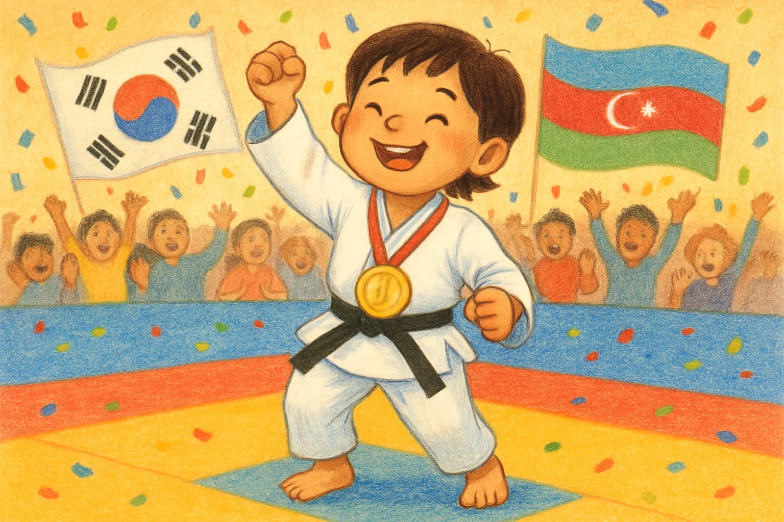 A young female judo champion celebrates winning a gold medal at the World Judo Championships, raising her arms in triumph on the competition mat