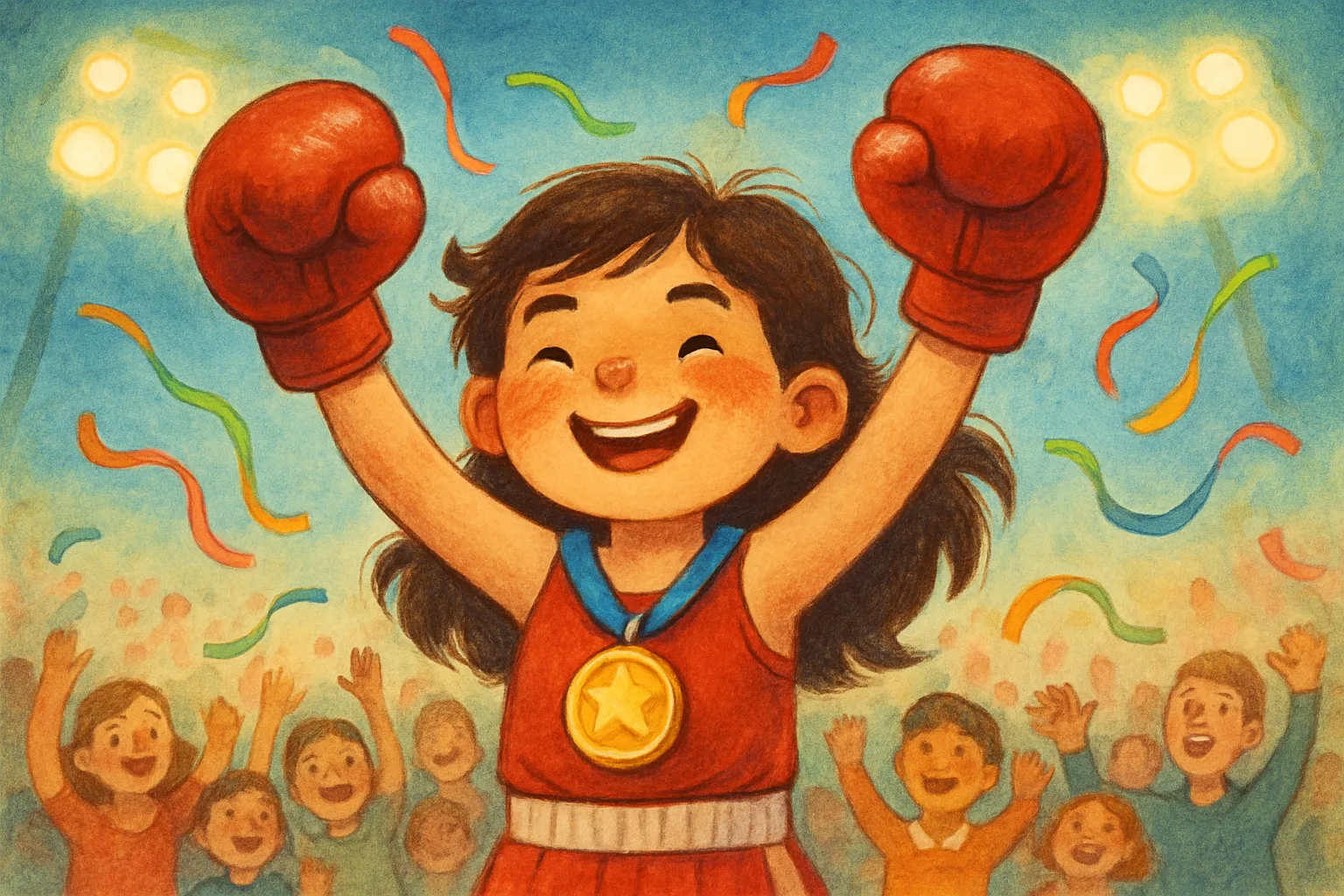 A smiling female boxer in victory pose holding up a gold medal with a cheering crowd in the background