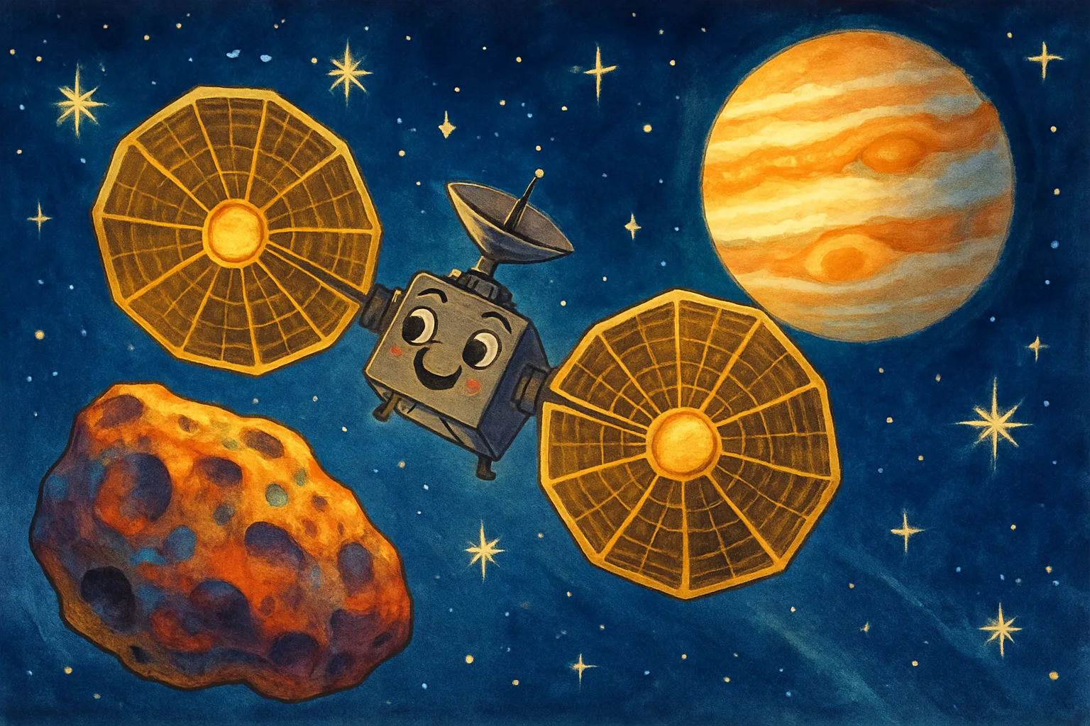 A children's book-style illustration of the Lucy spacecraft with its golden solar panel wings flying past a rocky Trojan asteroid near Jupiter