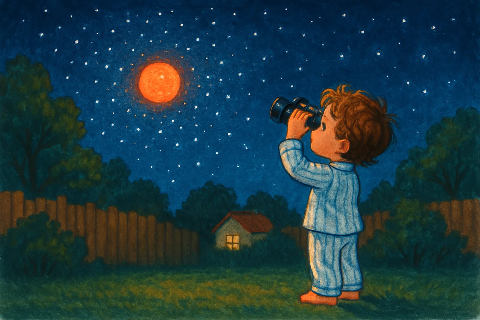 A child looks through binoculars at Mars glowing orange-red inside the Beehive star cluster in the night sky