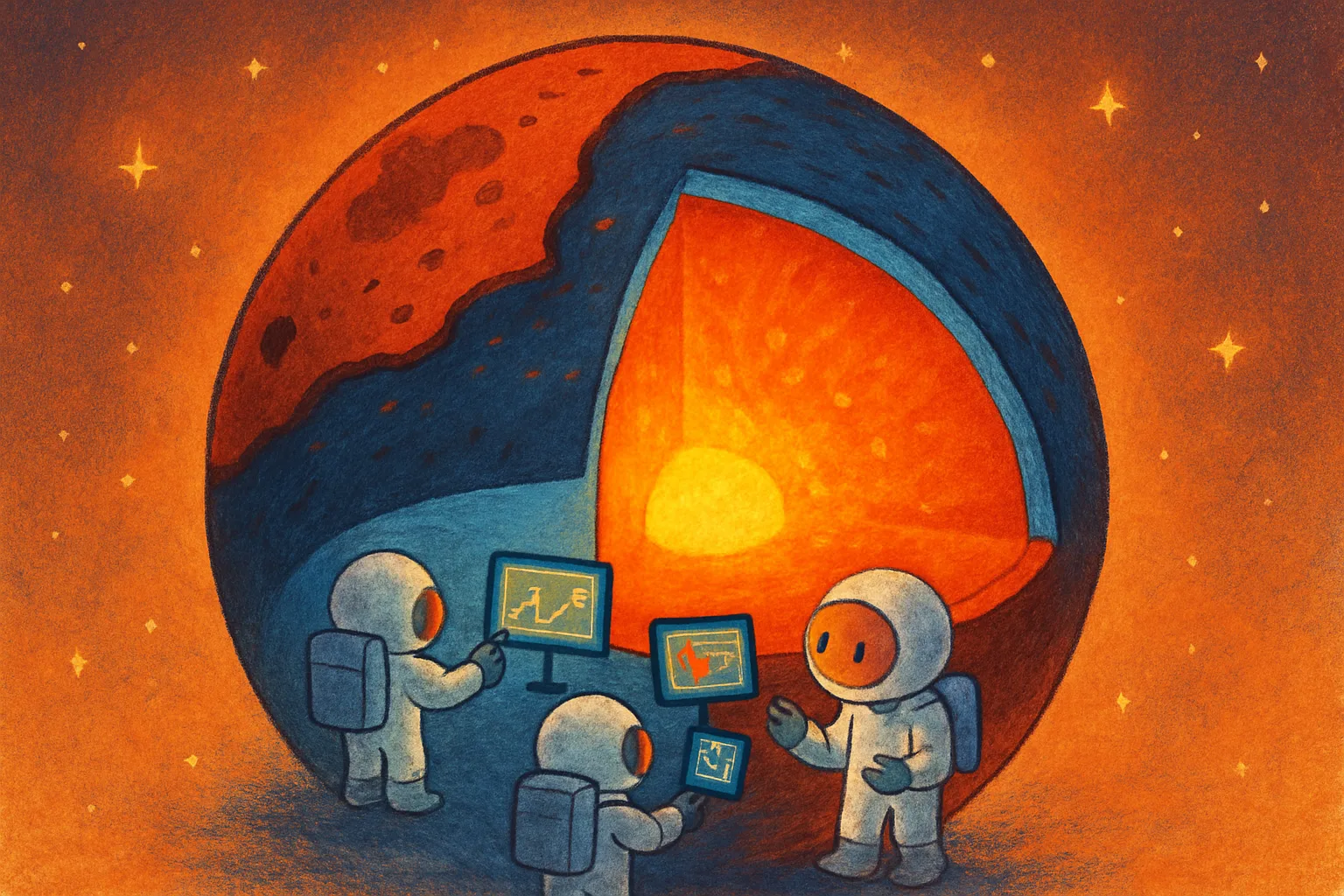 Cutaway illustration of Mars showing a glowing hot southern interior contrasted with a cooler northern half