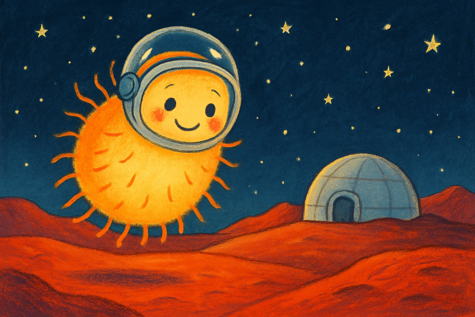 A friendly cartoon microbe wearing an astronaut helmet floating above the red surface of Mars near a small dome habitat