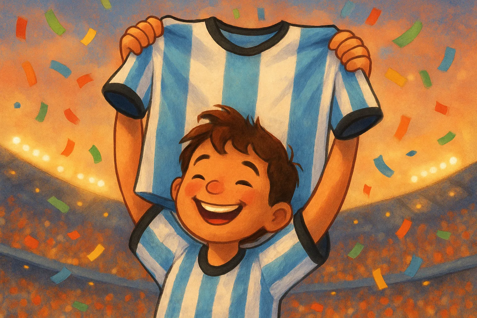 Soccer player in Argentina's blue and white jersey holding up the shirt with confetti falling in a packed stadium
