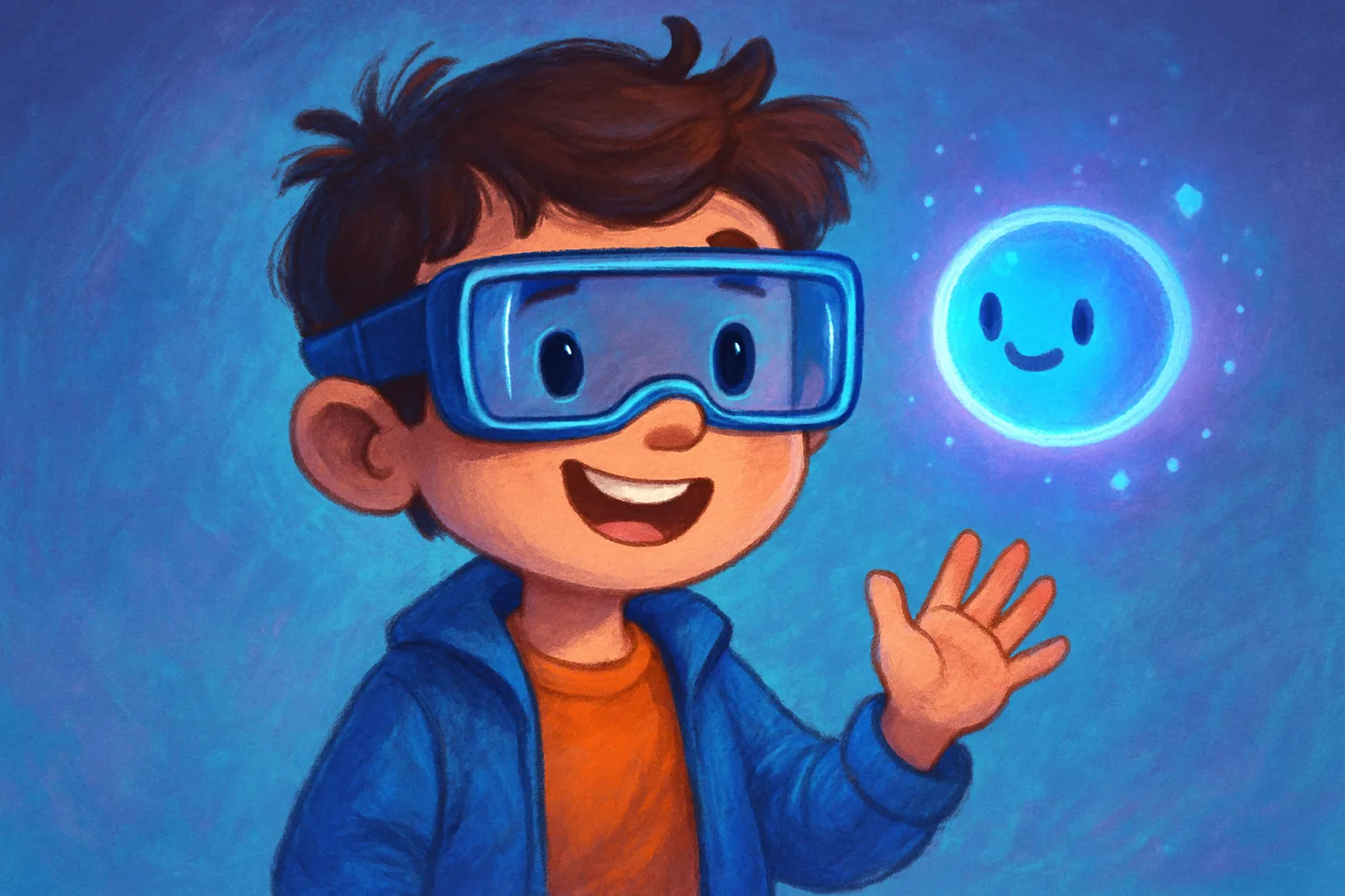 A kid wearing futuristic smart glasses with a glowing AI assistant floating next to them