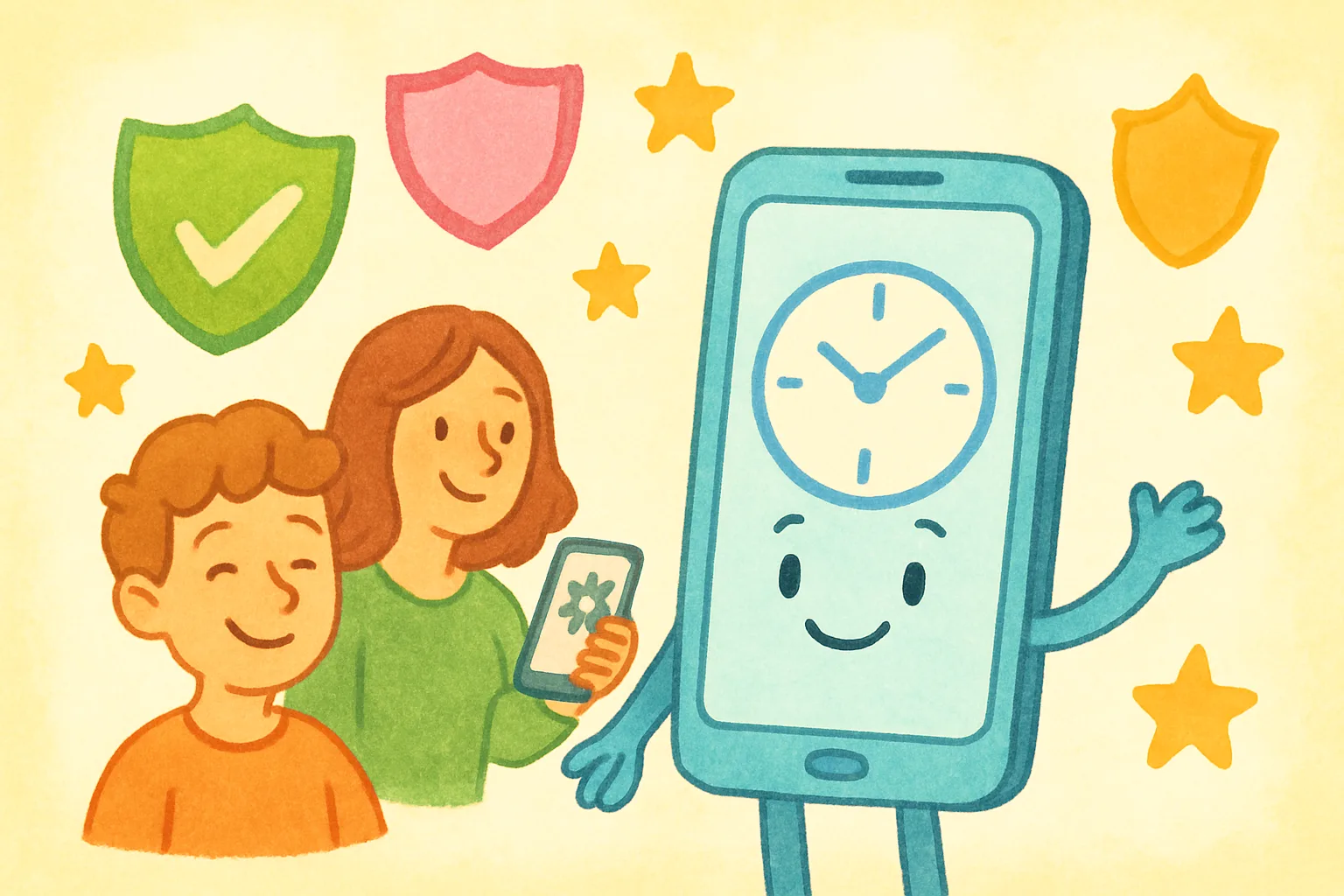 A cartoon smartphone with a clock and safety shield icons, representing new screen time limits for teenagers