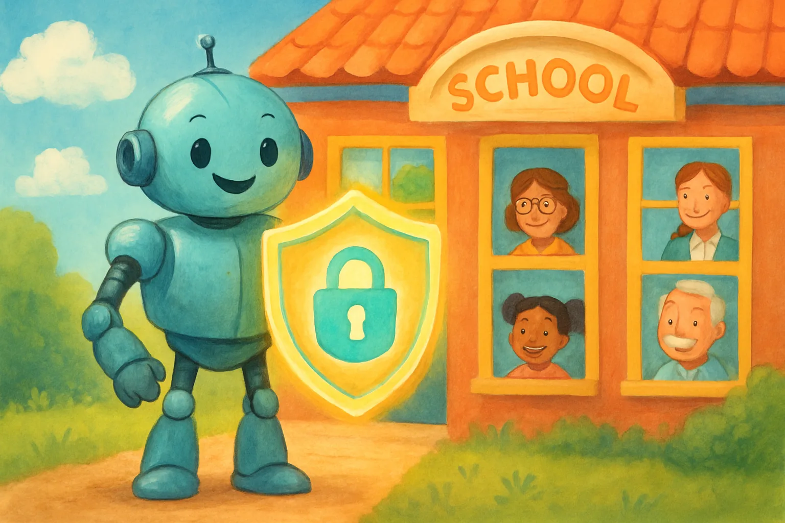 A friendly cartoon robot holding a protective shield outside a bright, colorful school while students smile through the windows