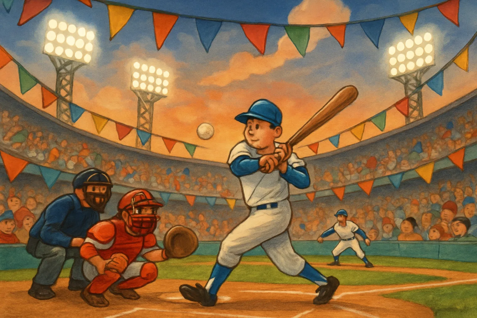 A packed baseball stadium with cheering fans and a batter hitting a ball under bright lights