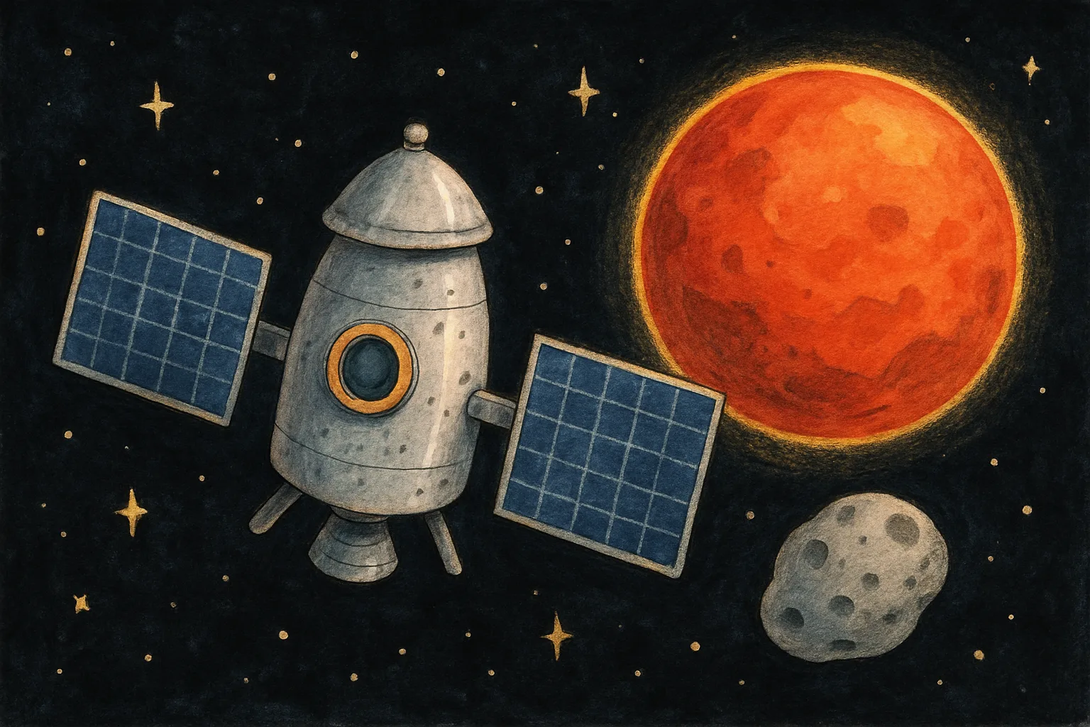 An illustration of the MMX spacecraft flying close to Phobos, one of Mars's tiny moons, with Mars visible in the background