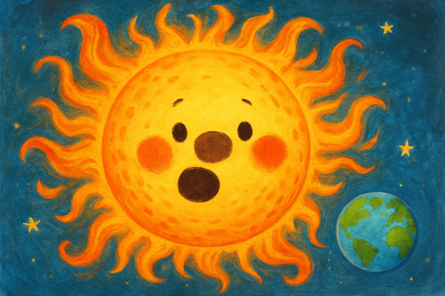 Illustration of the sun with a large dark sunspot facing Earth