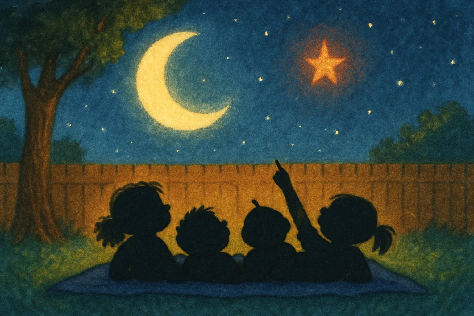 Illustration of a crescent moon near a bright red star in the twilight sky with children stargazing from a backyard