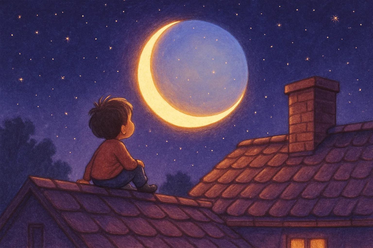 A glowing crescent moon passing in front of a bright Jupiter in a purple star-filled night sky