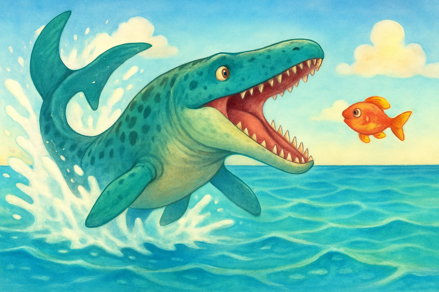 A colorful children's book illustration of a mosasaur lunging through bright blue ocean water with a powerful tail stroke