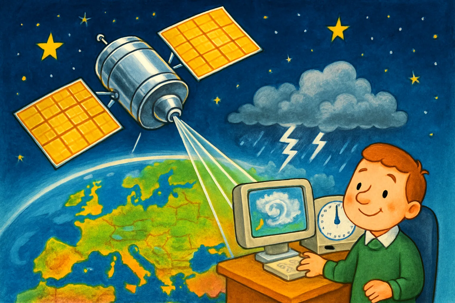 A European weather satellite orbiting above storm clouds over Europe, beaming weather data to a ground station below