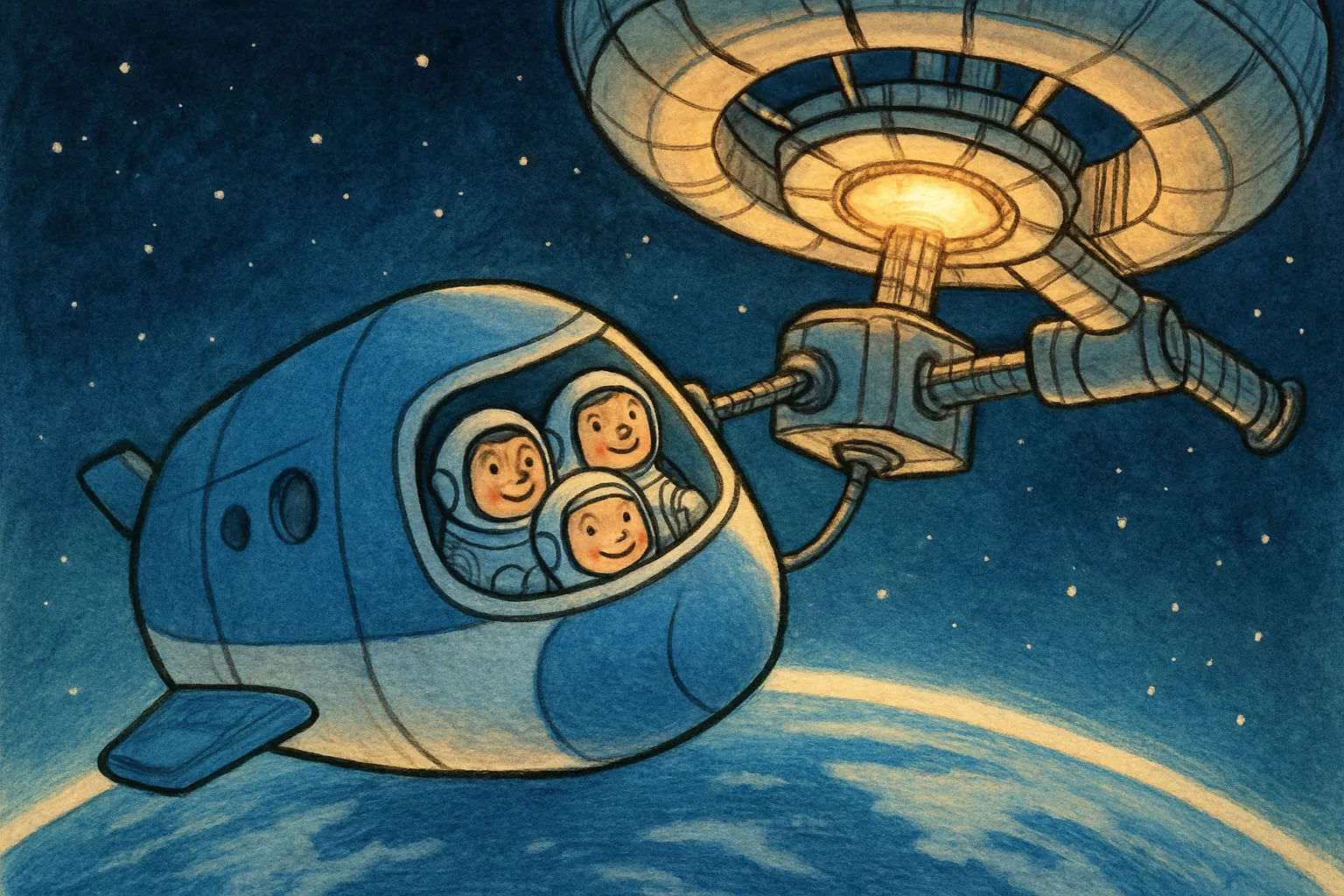 Boeing Starliner capsule docking with the International Space Station above Earth