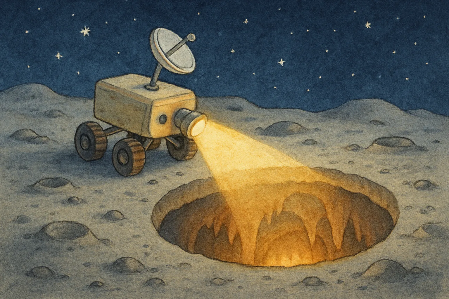 A small robot rover shining a spotlight into a mysterious dark hole on the rocky Moon surface with stars in the background