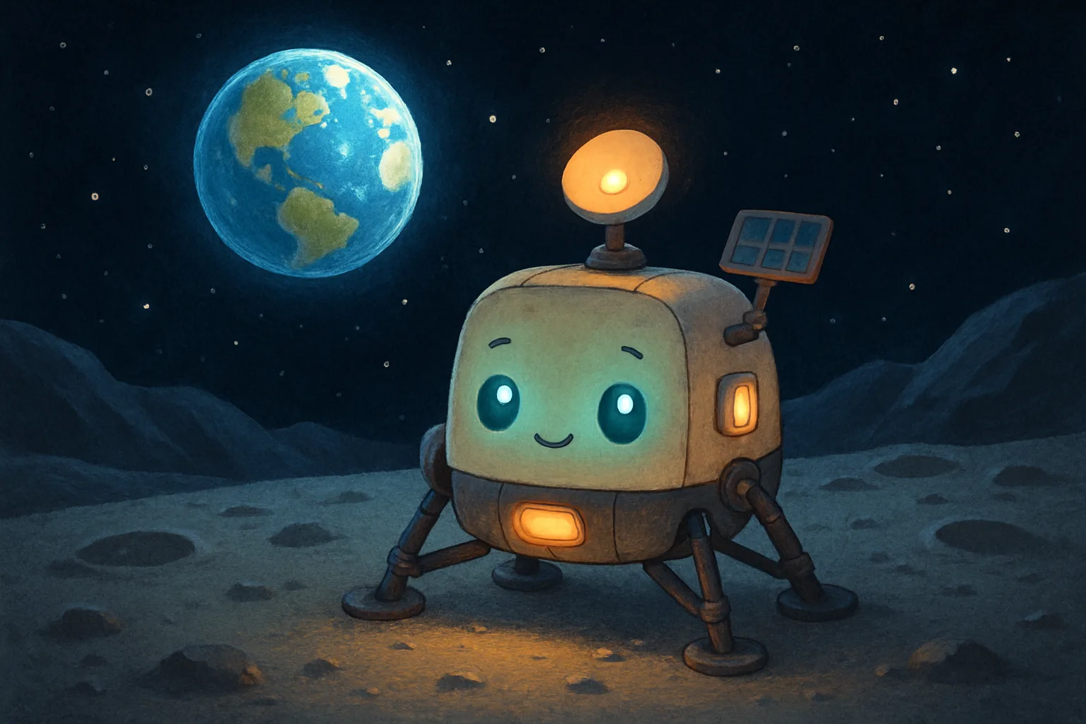 A small robotic lander on the surface of the Moon near the south pole with Earth visible in the black starry sky