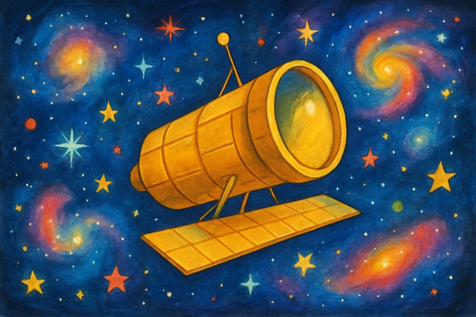A glowing golden space telescope floats among colorful galaxies and stars in deep space