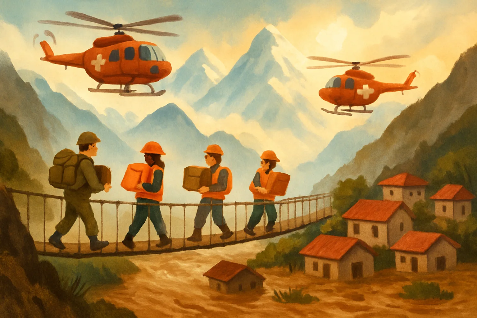 Rescue helicopters flying over flooded Himalayan valleys with rescue workers on the ground below