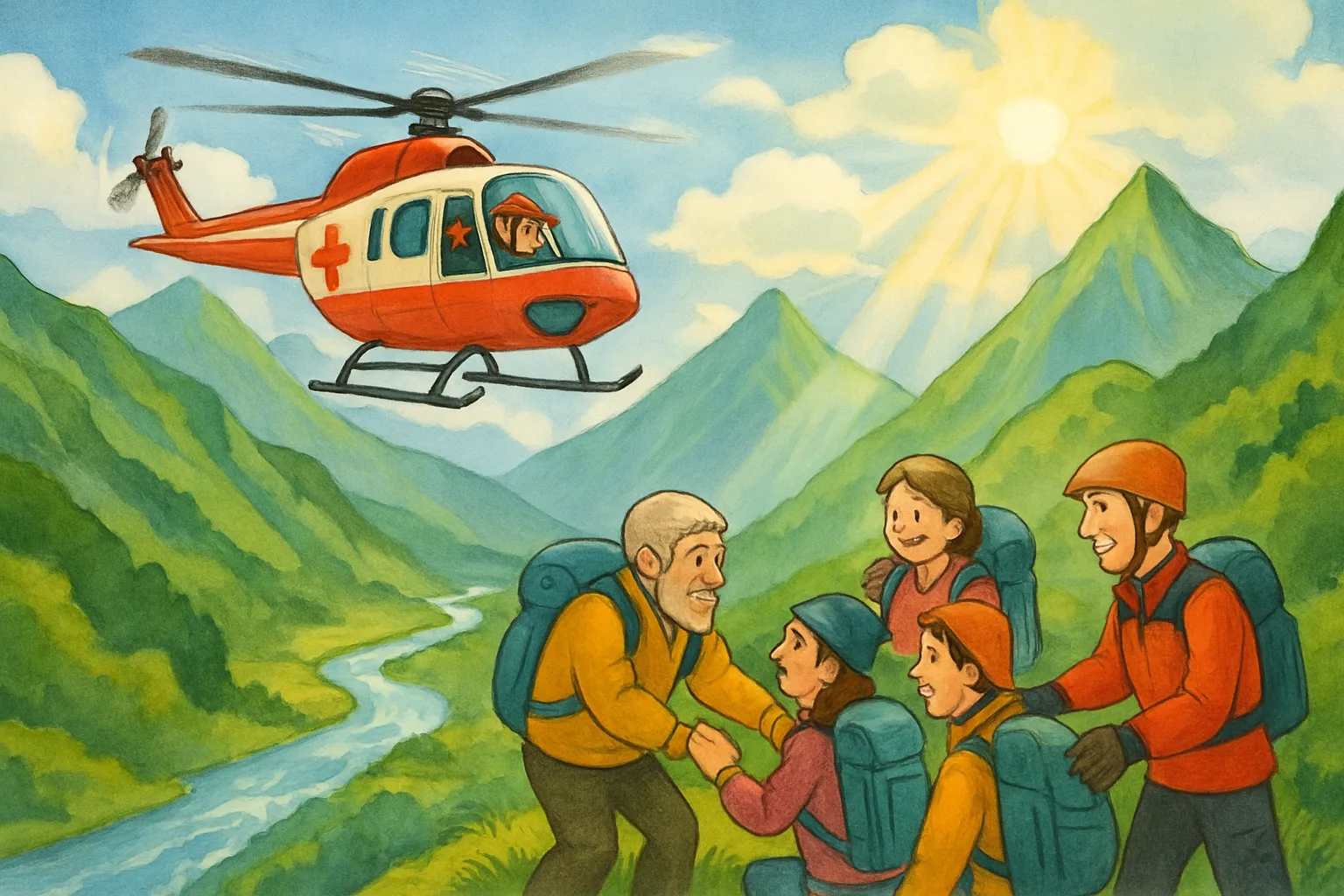 Illustration of a rescue helicopter over green Himalayan mountains helping stranded hikers