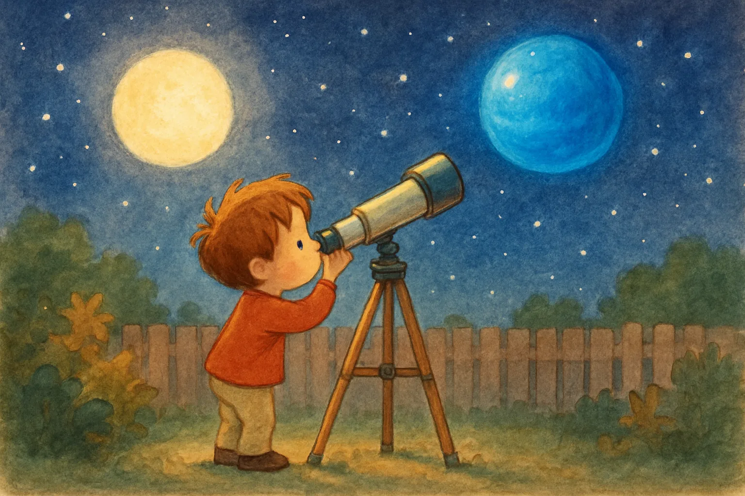 A child peers through a telescope at a blue Neptune glowing in a starry night sky