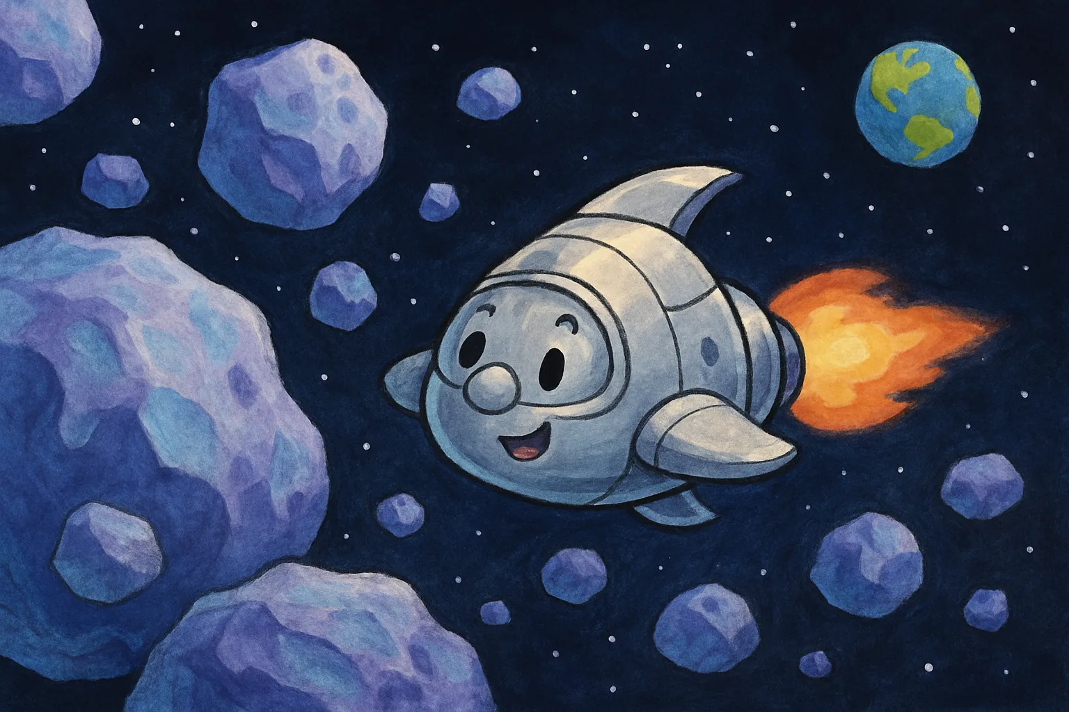 A small cartoon spacecraft soaring past icy Kuiper Belt objects deep in space, with a tiny Earth glowing far behind