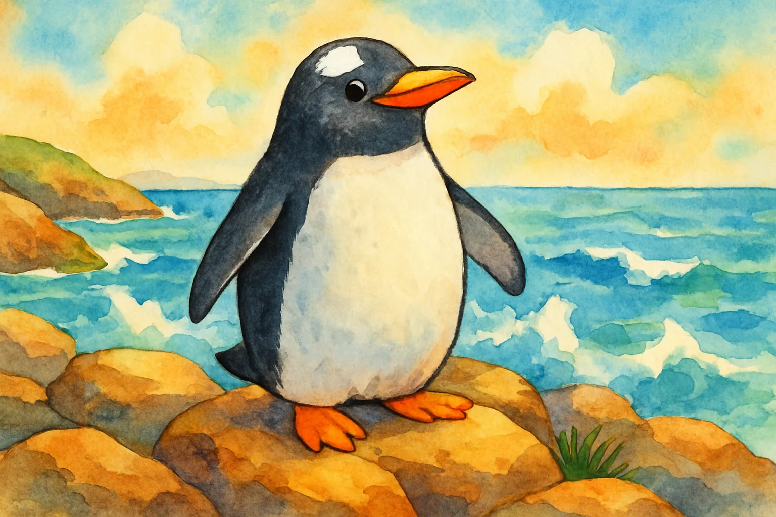 A cheerful gentoo penguin with an orange beak standing on a rocky island surrounded by ocean waves