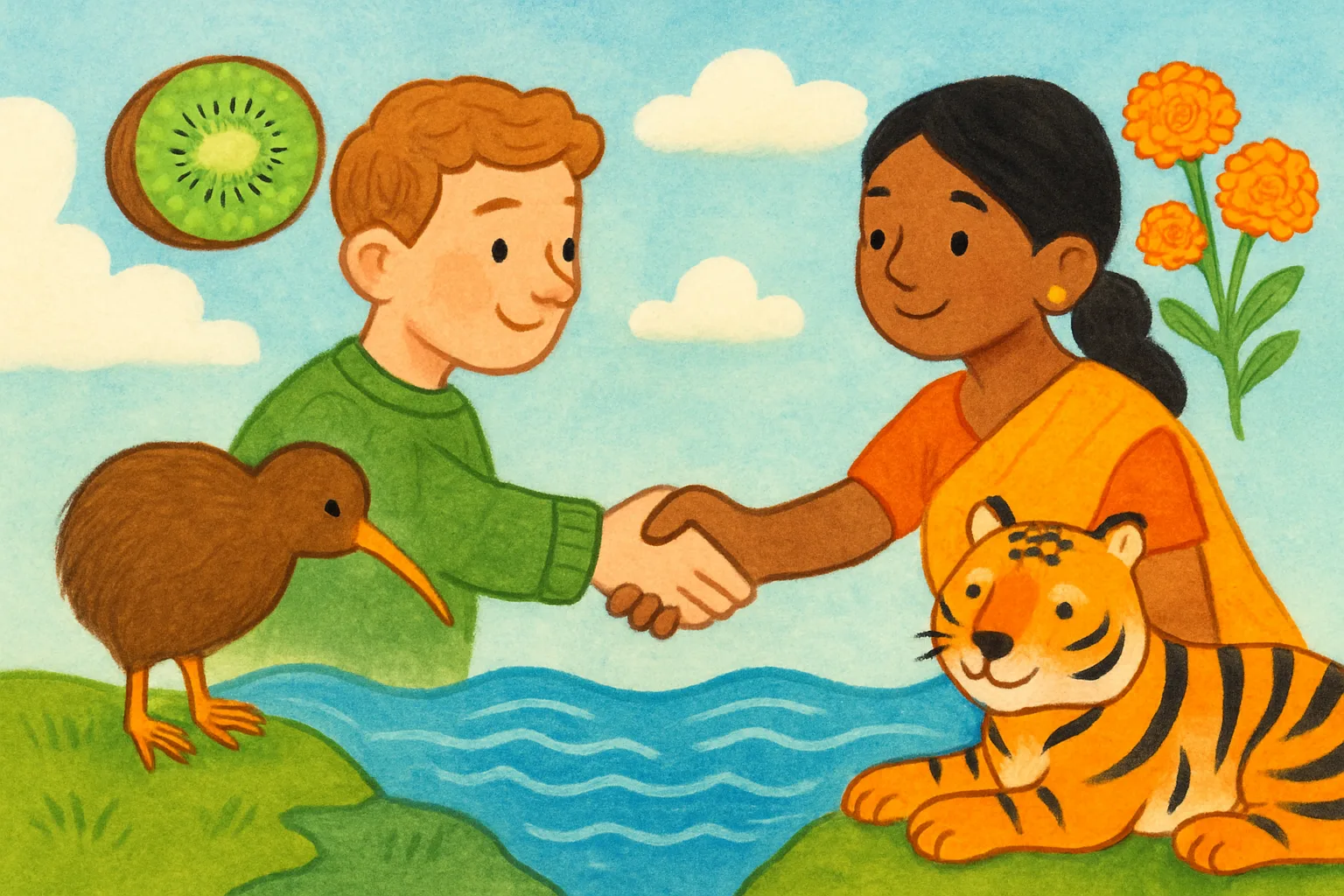 Friendly illustration of New Zealand and India shaking hands across the globe with iconic items from each country