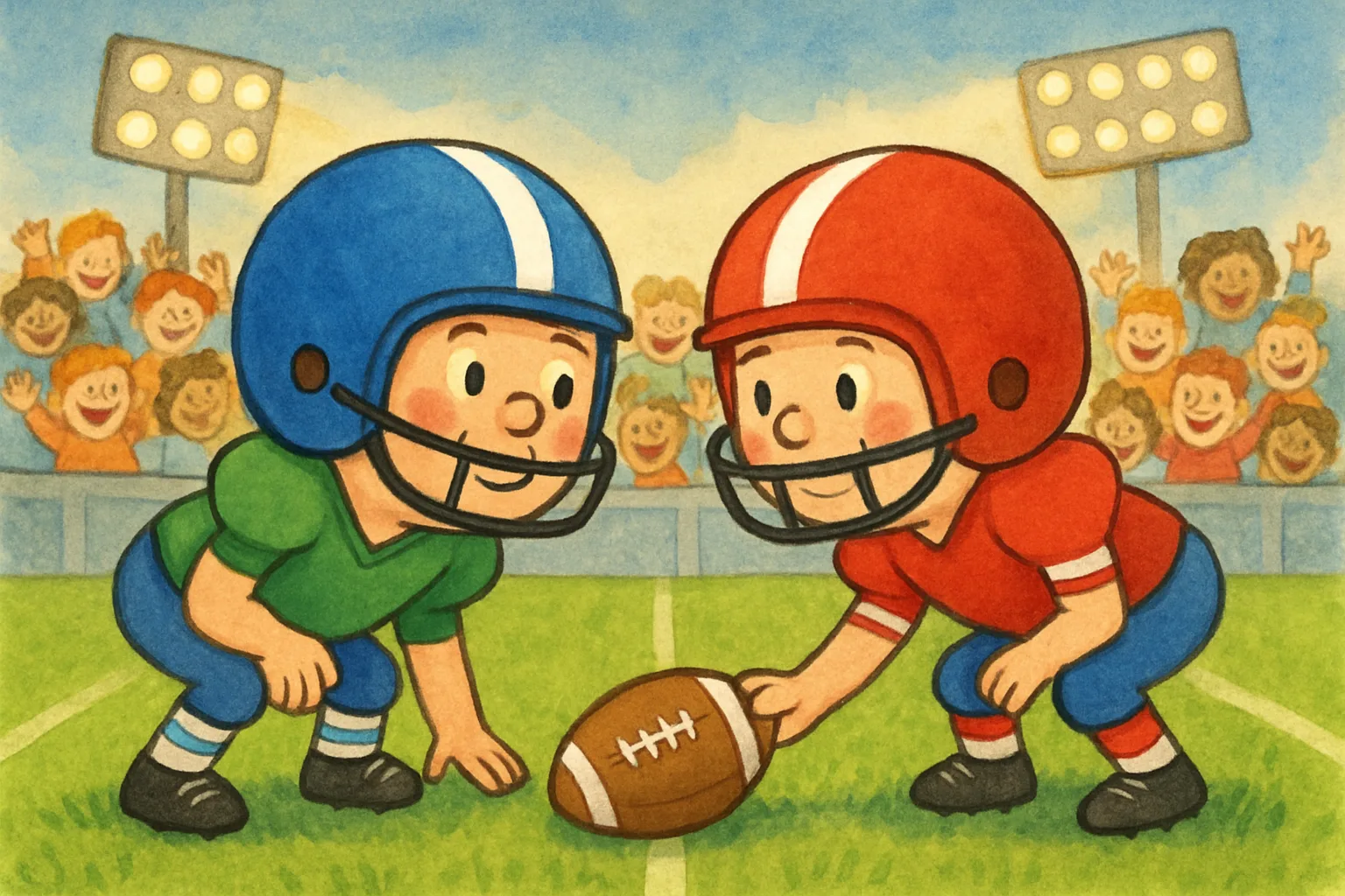 Two cartoon football players facing each other on a stadium field under bright lights