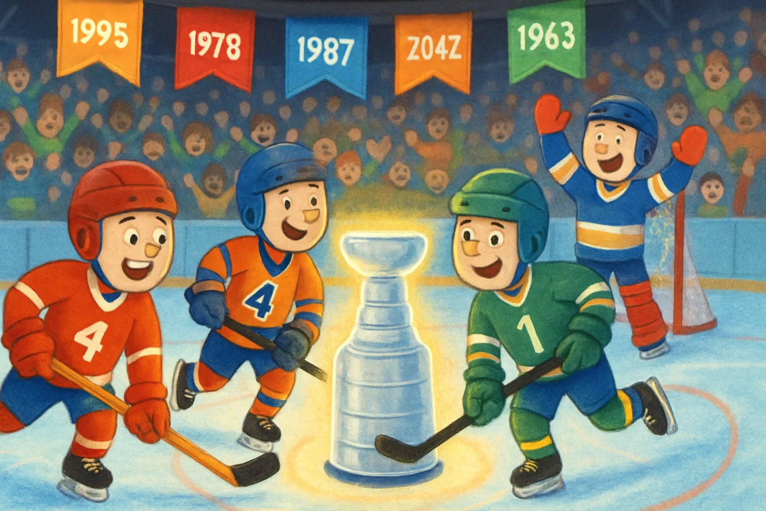 Hockey players on an ice rink with championship banners hanging from the rafters and cheering fans
