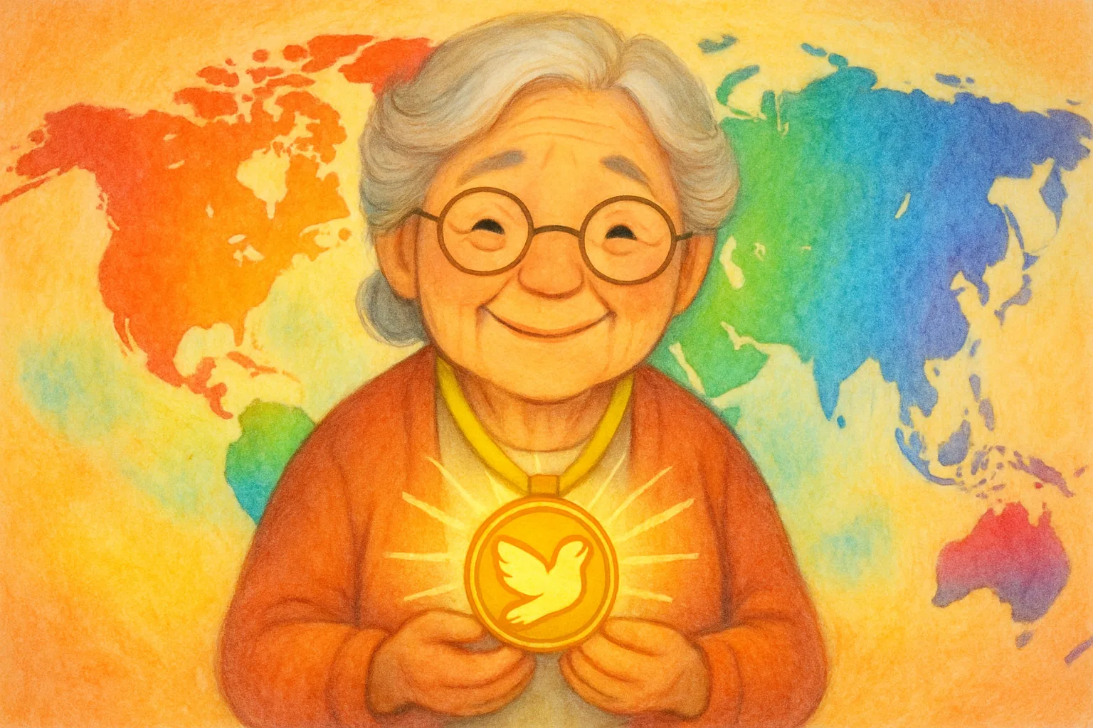 A warm illustration of Navi Pillay receiving a golden peace medal in front of a colorful world map