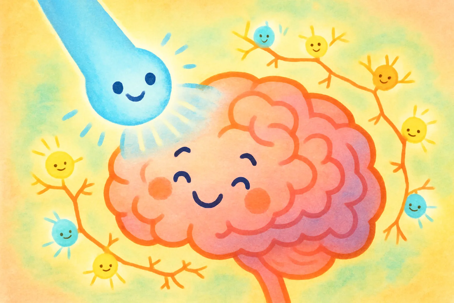 A cartoon brain with glowing blue light beams activating colorful neurons like light bulbs