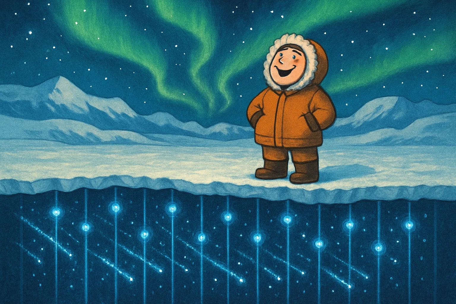 A cheerful cartoon scientist standing on Antarctic ice at night, with glowing blue neutrino detectors buried deep beneath the surface and the Milky Way shining overhead